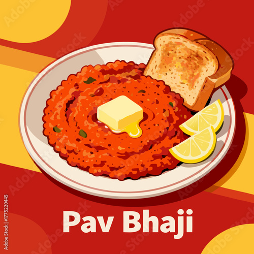 Stylized graphic of a savory Indian curry, a mixed vegetable bhaji topped with melting butter, served with soft pav bread and fresh lemon, pav bhaji