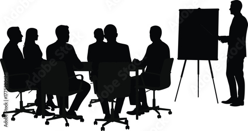 Business meeting silhouette, team discussion, presentation, flip chart, corporate setting, office chairs, teamwork, communication, strategy, planning, leadership,