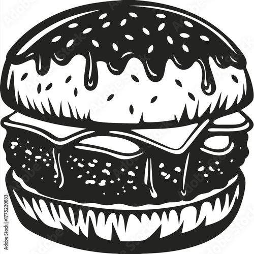 Detailed monochrome burger features cheese, patty, and bun with sesame seeds on top
