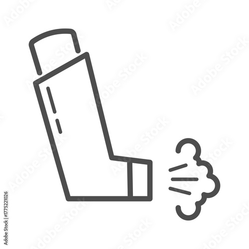 Asthma inhaler flat line icon. Vector outline pictogram of aerosol spray device with cloud, symbolizing respiratory therapy, breathing treatment, and medical equipment for lung illness.