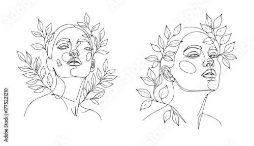 Two minimalist line art portraits of women adorned with leafy branches, looking upwards.
