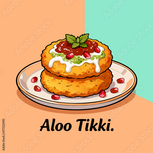 A vector illustration of a popular Indian street food, featuring stacked potato patties garnished with chutney, yogurt, and pomegranate seeds, aloo tikki