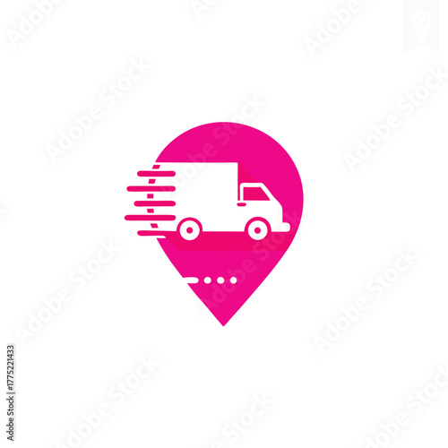 A delivery truck symbol inside a pink location pin shows fast shipping services