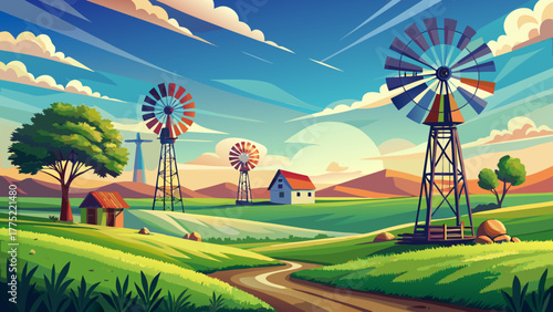 Very beautiful crisp spring morning light bathes a Kansas prairie windmill park in Ellis County, highlighting rustic windmills standing tall under a vast blue sky and open green fields.