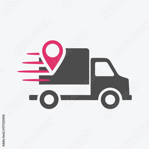 Dark gray delivery truck rushes, showing a pink pin, moving swiftly and efficiently