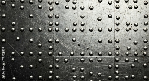 Riveted metal surface shows a grid of silver rivets on scratched industrial panels