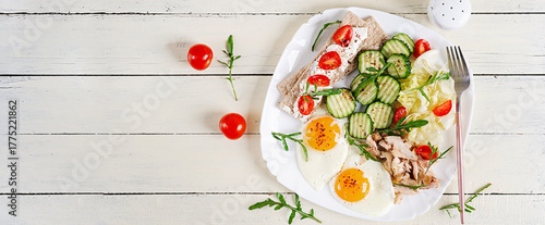 Ketogenic, paleo diet. Fried eggs, boiled chicken and fresh salad. Keto breakfast. Brunch. Banner