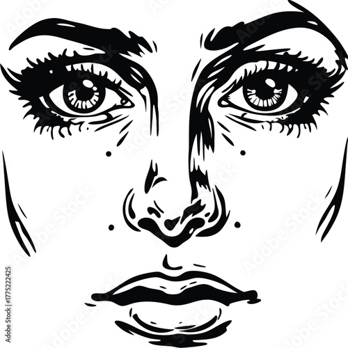 Abstract monochrome drawing depicts an alluring woman's face with stylized features and elegant lines