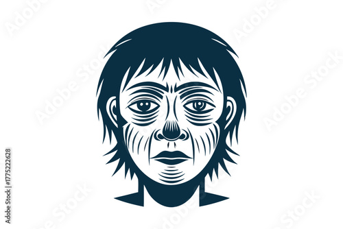 Detailed illustration shows the expressive face of an adult person with short hair