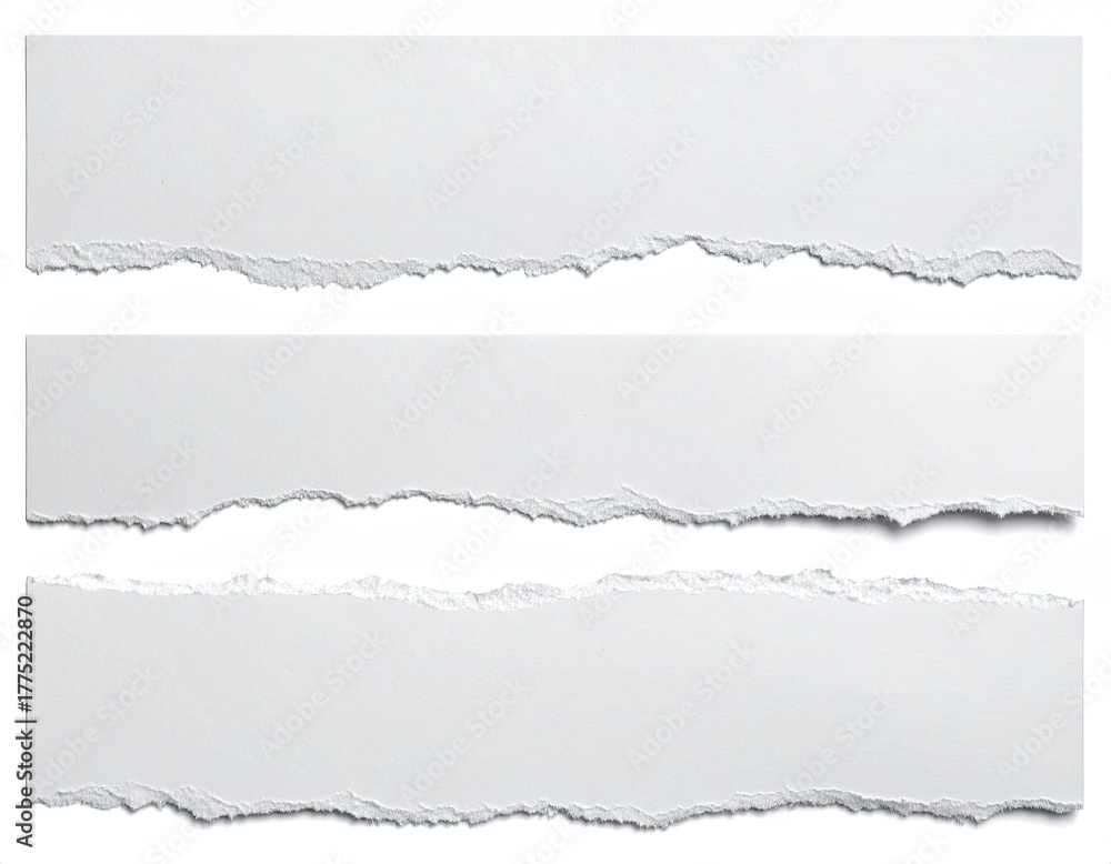 Fototapeta premium Torn white paper strips, jagged edges, isolated on white