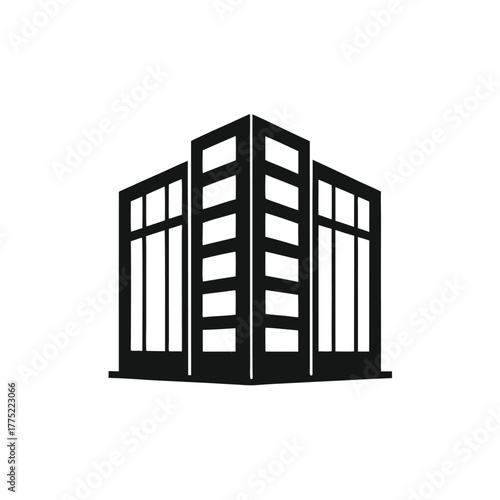 A black building icon with multiple windows stands against a white background elegantly