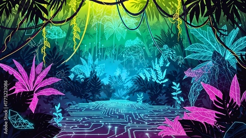 Neon Bio-Digital Futuristic Jungle Landscape