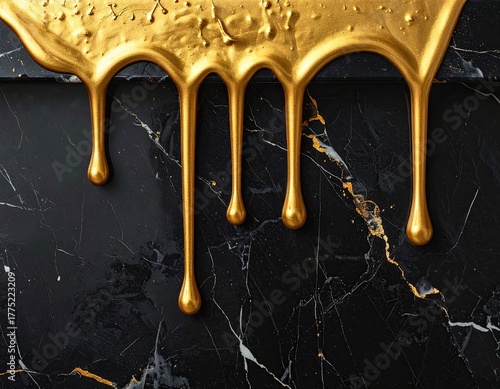 Dripping gold paint streaks down black marble