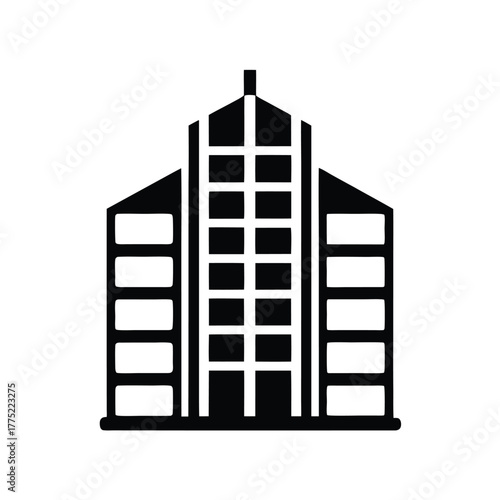 Black silhouette of a modern building with window openings stands against a white background