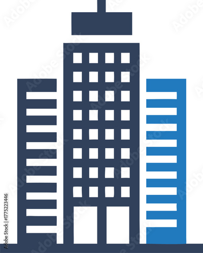 A simple dark blue building with rectangular windows stands between two shorter structures