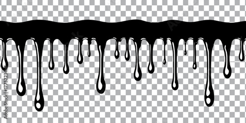 A collection of black dripping paint effects is presented on a transparent, checkered background. The image is composed of several horizontal bars from which paint drips downwards. Each bar has varyin