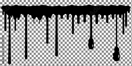 A collection of black dripping paint effects is presented on a transparent, checkered background. The image is composed of several horizontal bars from which paint drips downwards. Each bar has varyin