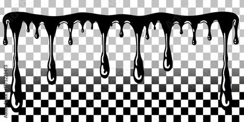 A collection of black dripping paint effects is presented on a transparent, checkered background. The image is composed of several horizontal bars from which paint drips downwards. Each bar has varyin