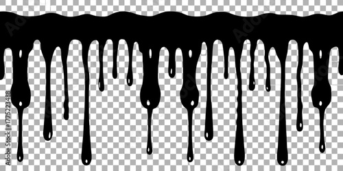A collection of black dripping paint effects is presented on a transparent, checkered background. The image is composed of several horizontal bars from which paint drips downwards. Each bar has varyin