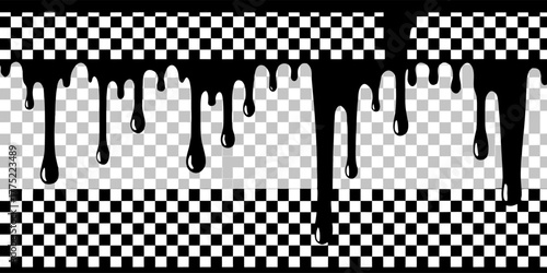 A collection of black dripping paint effects is presented on a transparent, checkered background. The image is composed of several horizontal bars from which paint drips downwards. Each bar has varyin