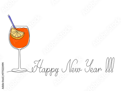 Happy New Year holiday card, Cocktail spritz aperol with a straw. continuous single one line art hand drawing sketch, logo on white background