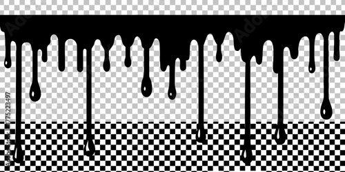 A collection of black dripping paint effects is presented on a transparent, checkered background. The image is composed of several horizontal bars from which paint drips downwards. Each bar has varyin