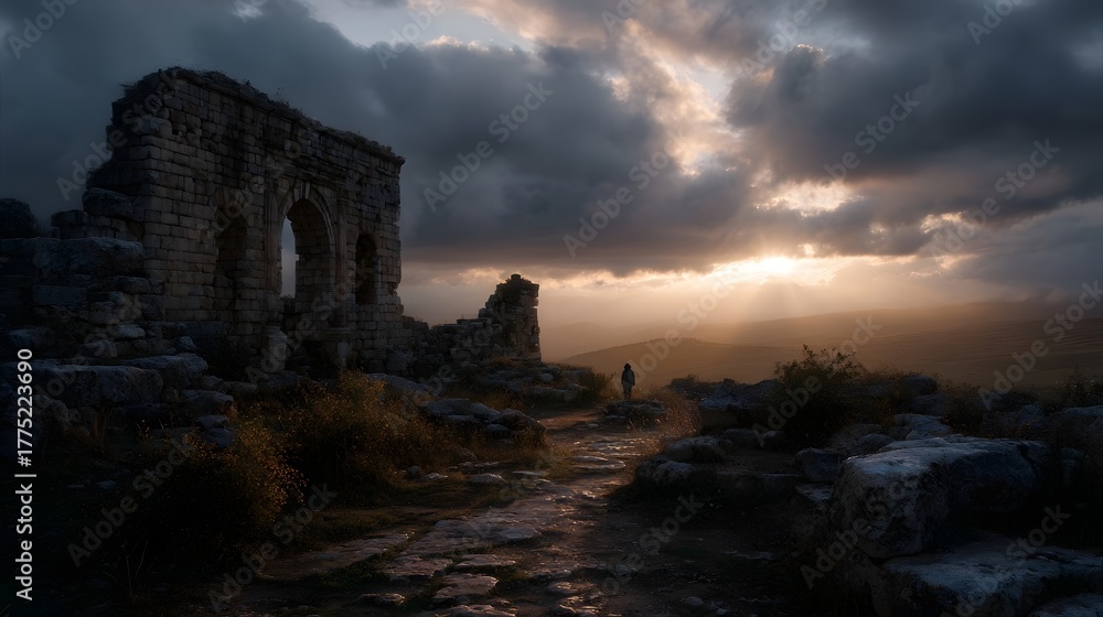 Fototapeta premium Lone silhouette stands near ancient stone ruins bathed in golden sunset light with dramatic clouds