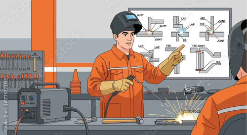 Welder demonstrating different types of welds in an industrial training environment