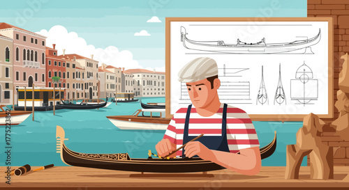 Venetian craftsman meticulously constructs a detailed miniature gondola model