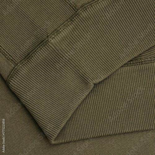 Close-Up of Khaki Sweatshirt Texture and Ribbed Hem