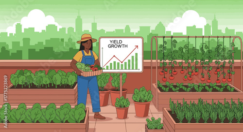 Illustration of urban rooftop garden with woman farmer and yield growth chart