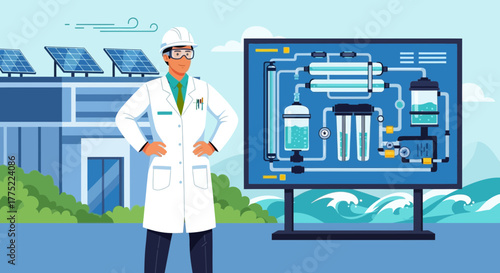Illustrative depiction of an engineer at a sustainable water purification plant