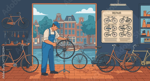 Bicycle Repair Shop Featuring a Mechanic Working on a Wheel in a Charming Urban Setting