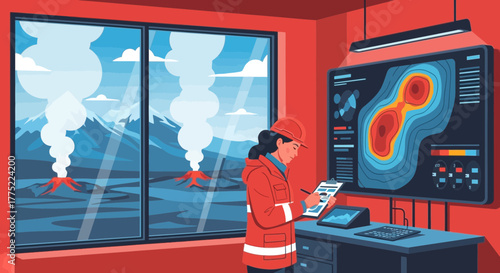Volcanic Activity Monitoring: Scientist Tracking Geothermal Data in Research Facility