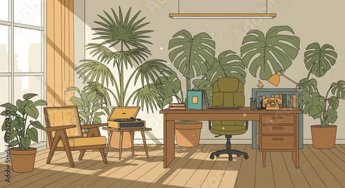Artistic interior featuring a desk adorned with lush plants and retro elements