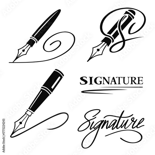 Fountain pen signature vector set for design