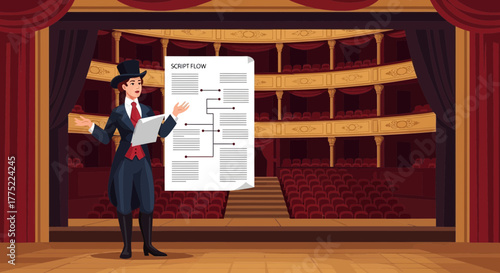 Illustrative presentation of script workflow on stage, emphasizing theater design