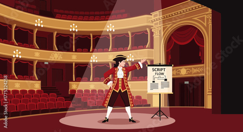 Dramatical presentation about script flow in a vintage theater setting