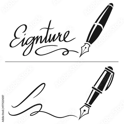 Signature and fountain pen vector set, , writing