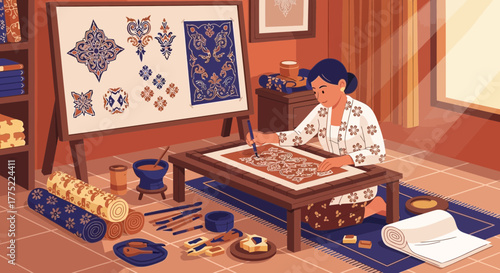 Woman creating unique textile art with floral designs and patterns, traditional crafting