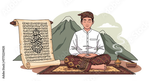 Mindful Man in Traditional Attire Meditating Amidst Scenic Mountain Backdrop