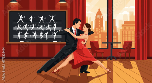 Passionate tango dancers in a stylish setting with cityscape view backdrop