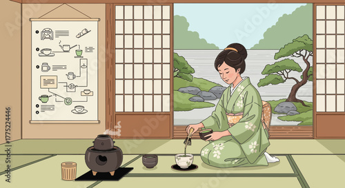 Illustration of a serene japanese tea ceremony in a traditional setting