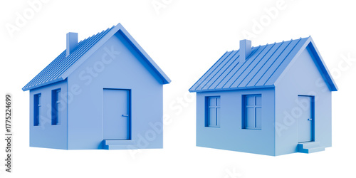 Photos Two minimalist blue house models with gabled roofs and chimneys isolated on a white background