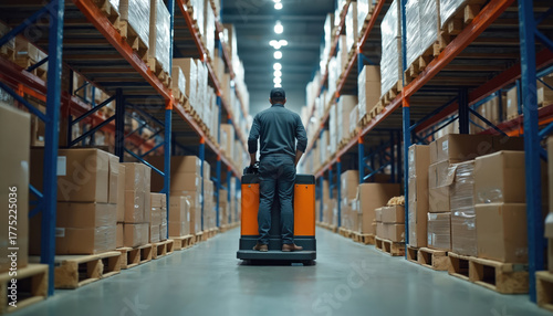 Male worker operates electric pallet jack in large warehouse aisle. Many cardboard boxes stacked on high shelves. Staff manages logistics, inventory, goods in big distribution center. Supply chain