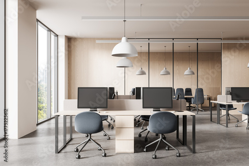 Modern open-plan office interior design with minimalist furniture, wooden walls and large windows offering city view in natural lighting. 3D Rendering © ImageFlow