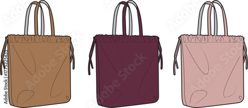 Fashion technical sketch of a womens tote bag with drawstring closure and double handles. Set of handbag flat vector illustrations in different colors