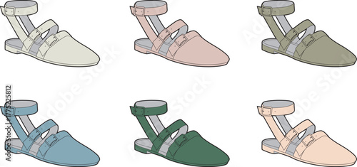 A colorful collection of women's flat summer sandals with ankle straps. Vector set of stylish casual footwear in various pastel shades