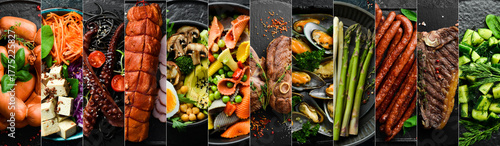 Collage of many popular all over the world breakfasts, lunches and snacks. Collage of different assortment of food.