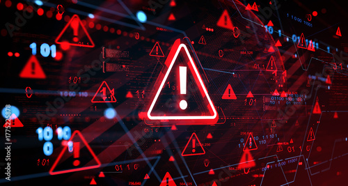 Cybersecurity warning alert with red exclamation triangles and binary code on a digital blur background showing hacked internet system concept sketch.. 3D Rendering